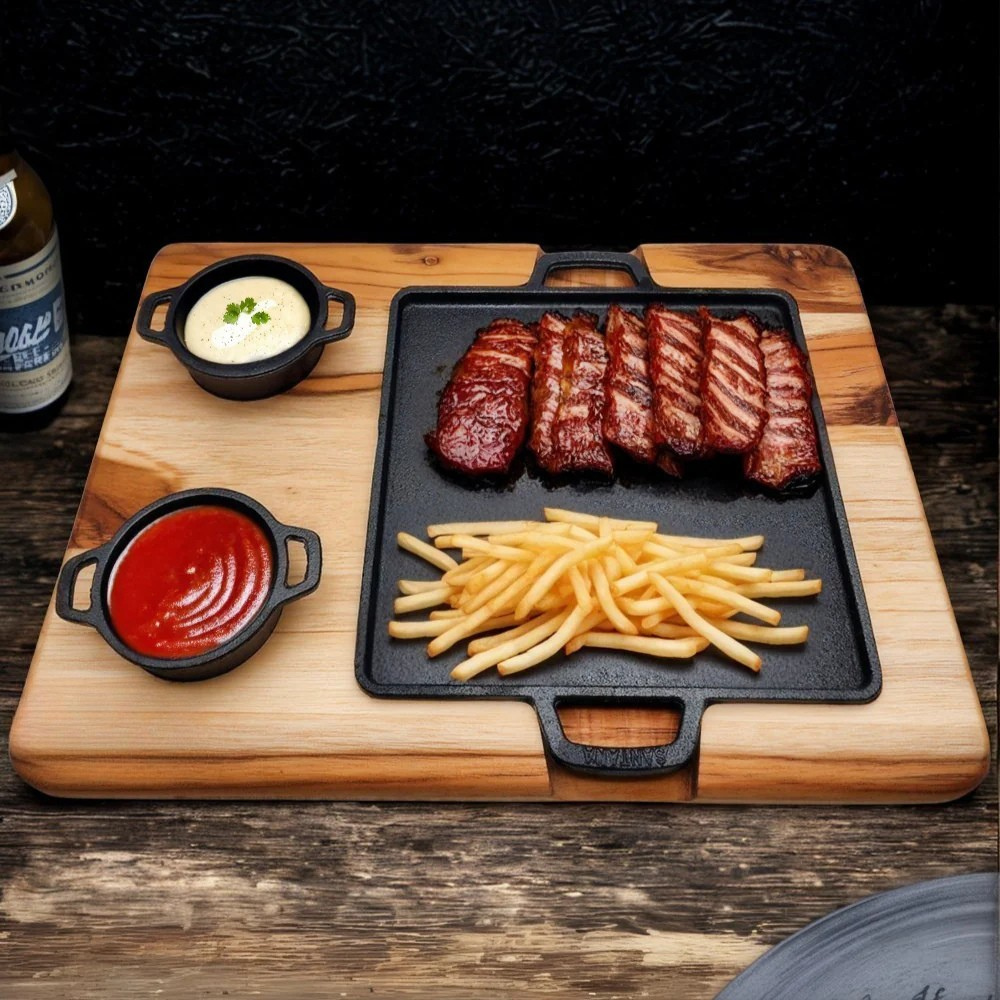 Tábua de Madeira com Chapa de Ferro Fundido e 2 Molheiras