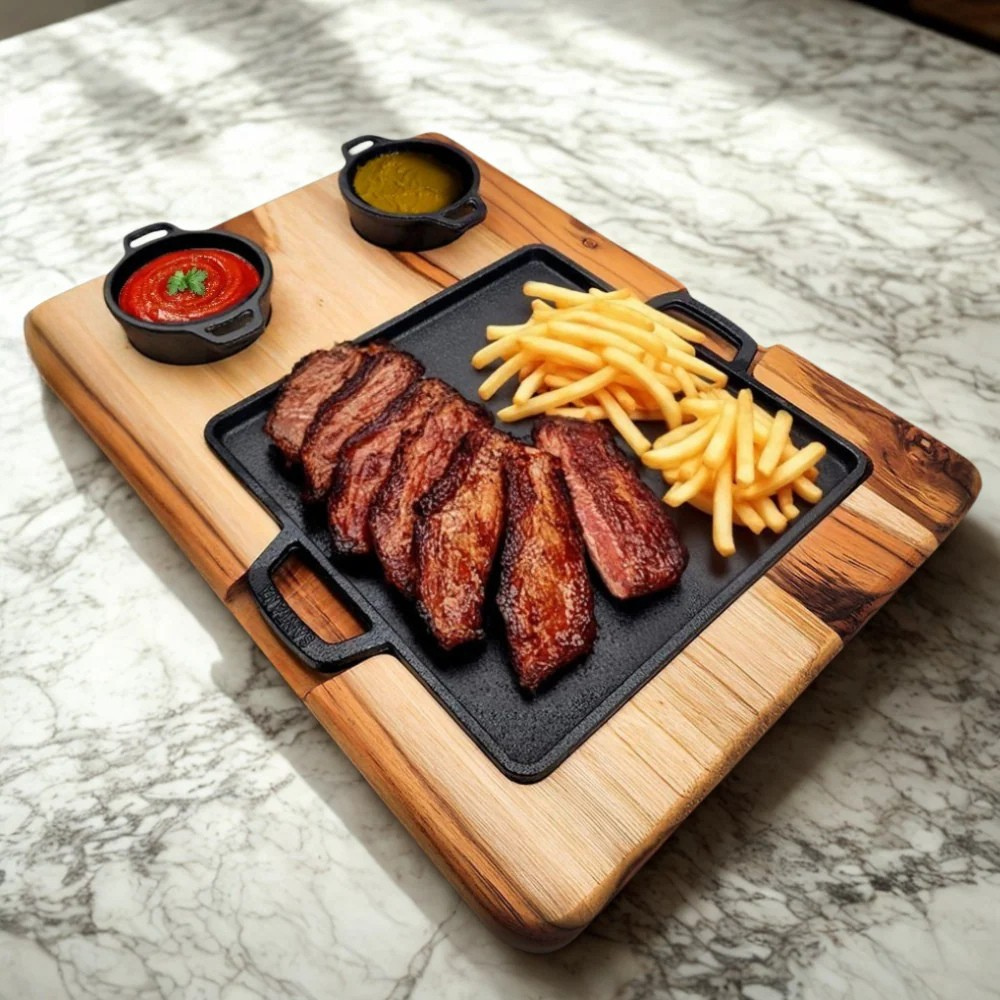 Tábua de Madeira com Chapa de Ferro Fundido e 2 Molheiras