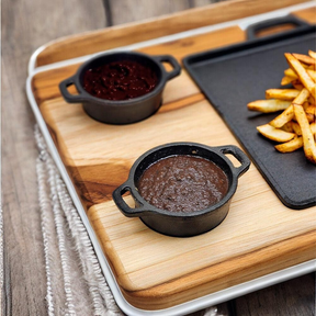 Tábua de Madeira com Chapa de Ferro Fundido e 2 Molheiras